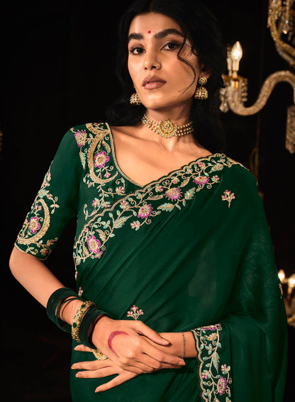 Bottle Green Fancy Fabric Heavy Thread Embroidery, Zarkan, Stone With Sequins Work Saree With Blouse