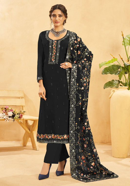 Black Real Organza Heavy Santoon Heavy Thread Embroidery With Sequins Work