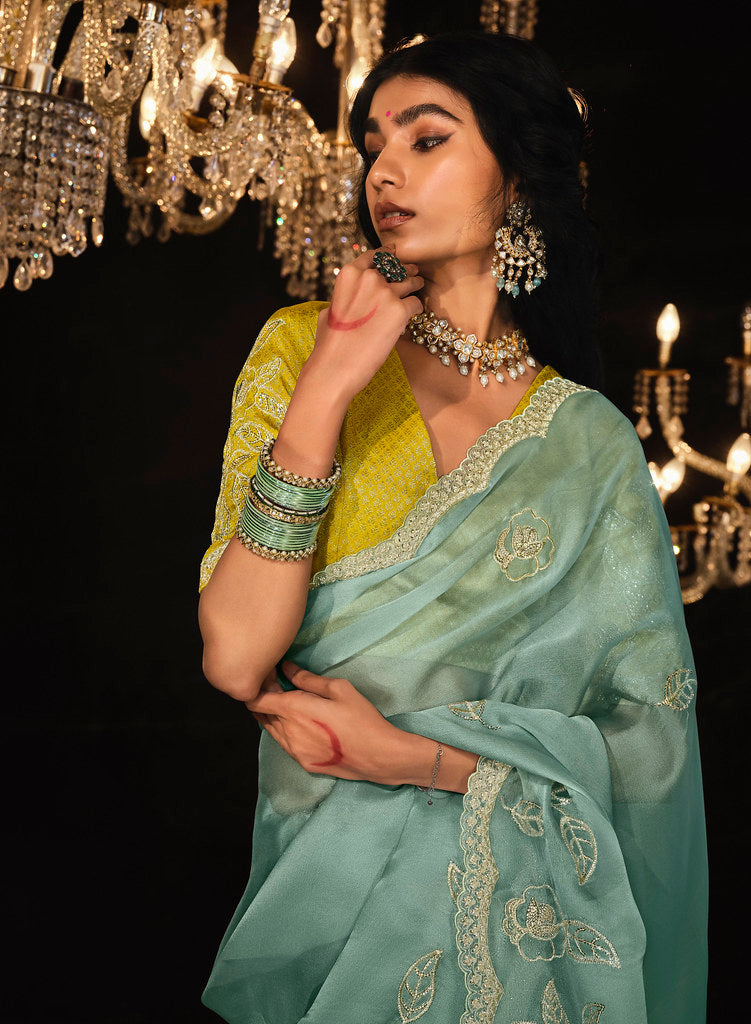 Light Green Fancy Fabric Heavy Thread Embroidery, Zarkan, Stone With Sequins Work Saree With Blouse