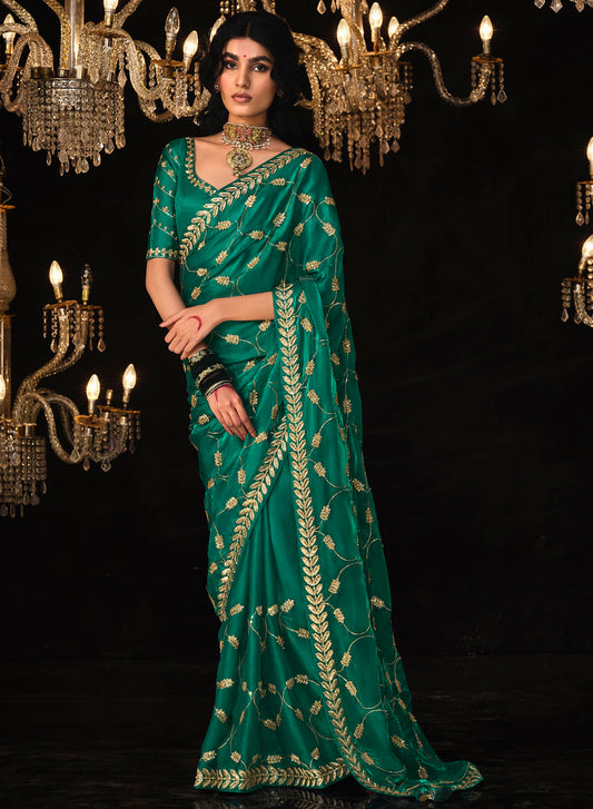 Teal Green Fancy Fabric Heavy Thread Embroidery, Zarkan, Stone With Sequins Work Saree With Blouse