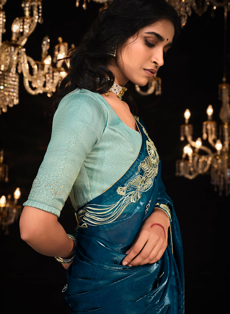 Blue Fancy Fabric Heavy Thread Embroidery, Zarkan, Stone With Sequins Work Saree With Blouse