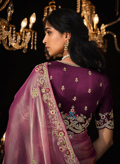 Magenta Fancy Fabric Heavy Thread Embroidery, Zarkan, Stone With Sequins Work Saree With Blouse