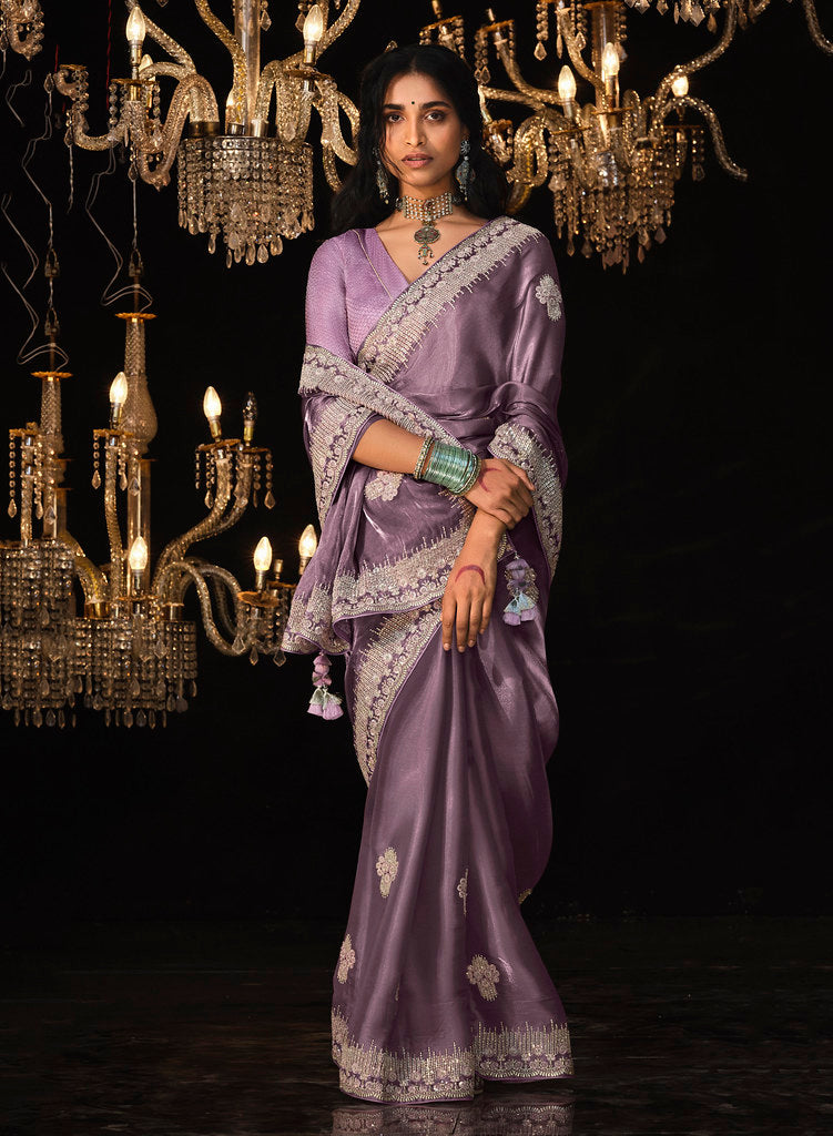 Lavender Fancy Fabric Heavy Thread Embroidery, Zarkan, Stone With Sequins Work Saree With Blouse