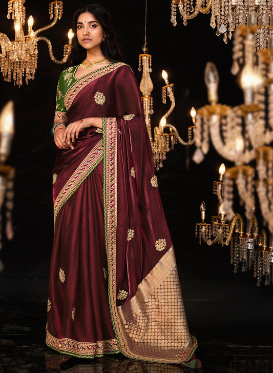 Maroon Fancy Fabric Heavy Thread Embroidery, Zarkan, Stone With Sequins Work Saree With Blouse