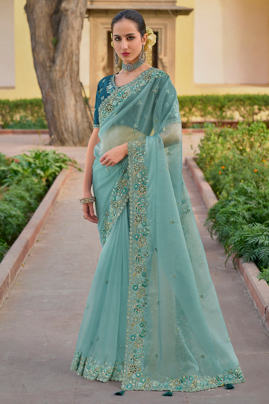 Mint Organza Silk Heavy Thread Embroidery With Sequins Work Saree With Blouse