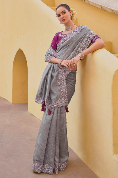 Grey Organza Silk Heavy Thread Embroidery With Sequins Work Saree With Blouse