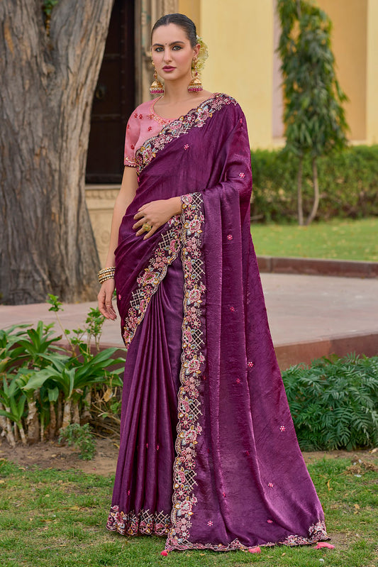 Magenta Organza Silk Heavy Thread Embroidery With Sequins Work Saree With Blouse
