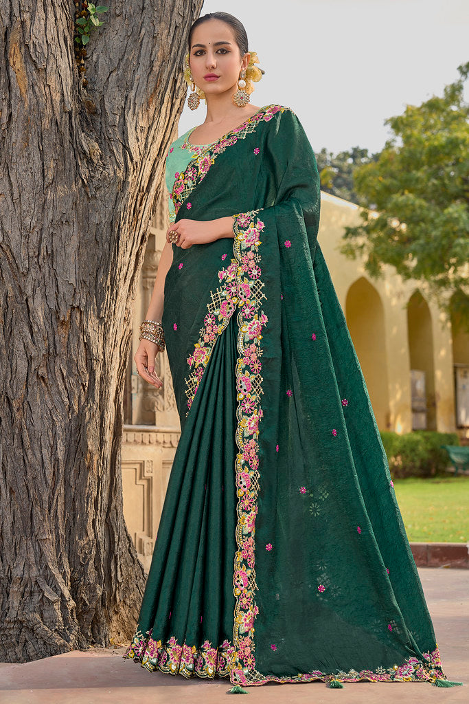 Dark Green Organza Silk Heavy Thread Embroidery With Sequins Work Saree With Blouse