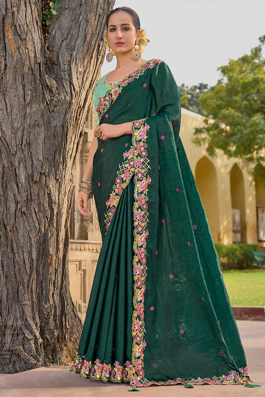 Dark Green Organza Silk Heavy Thread Embroidery With Sequins Work Saree With Blouse