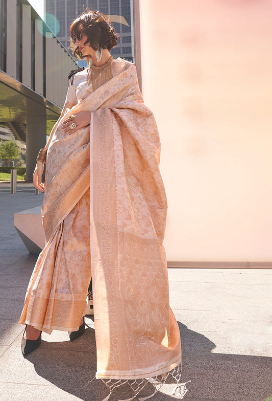 Off White Handloom Silk Jacquard Woven Saree With Blouse