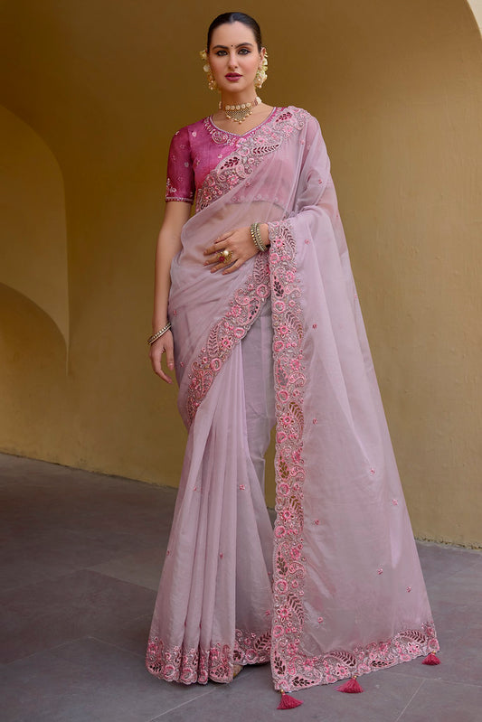 Light Pink Organza Silk Heavy Thread Embroidery With Sequins Work Saree With Blouse