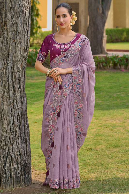 Light purple Organza Silk Heavy Thread Embroidery With Sequins Work Saree With Blouse