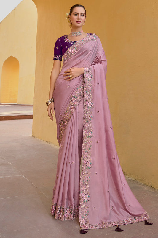 Baby Pink Organza Silk Heavy Thread Embroidery With Sequins Work Saree With Blouse
