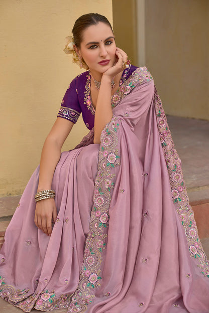 Baby Pink Organza Silk Heavy Thread Embroidery With Sequins Work Saree With Blouse