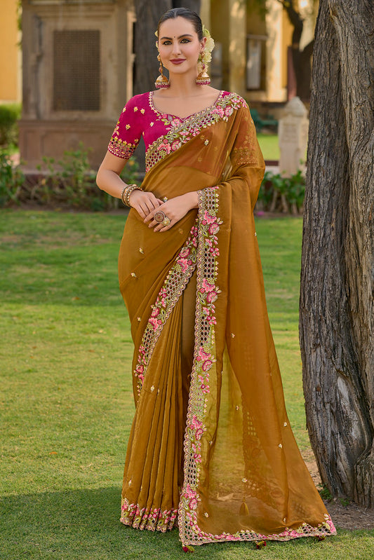 Mustard Organza Silk Heavy Thread Embroidery With Sequins Work Saree With Blouse