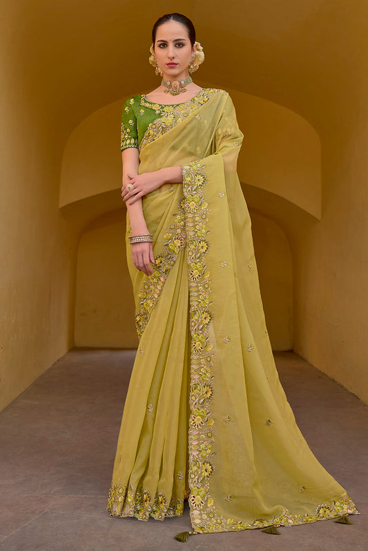 Yellow Organza Silk Heavy Thread Embroidery With Sequins Work Saree With Blouse