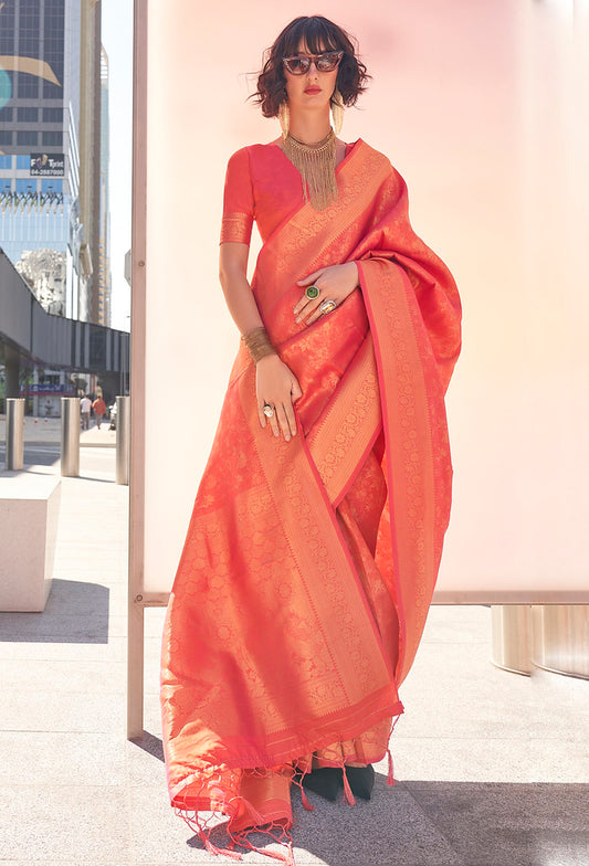 Orange Handloom Silk Jacquard Woven Saree With Blouse