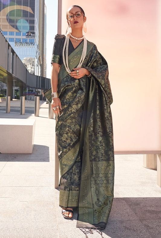 Black Handloom Silk Jacquard Woven Saree With Blouse