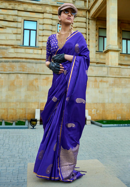 Blue Satin Silk Jacquard Woven Saree With Blouse