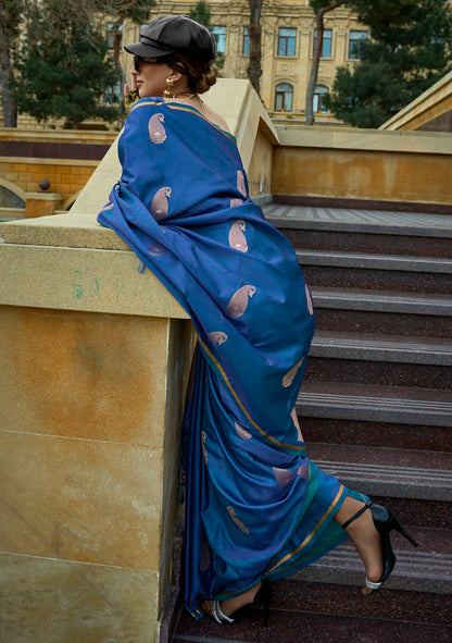 Ocean Blue Satin Silk Jacquard Woven Saree With Blouse