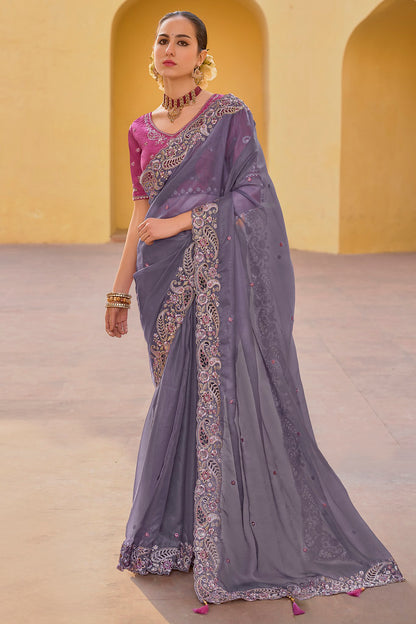 Dusty Purple Organza Silk Heavy Thread Embroidery With Sequins Work Saree With Blouse