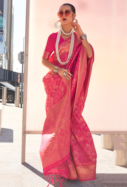 Rani Pink Handloom Silk Jacquard Woven Saree With Blouse