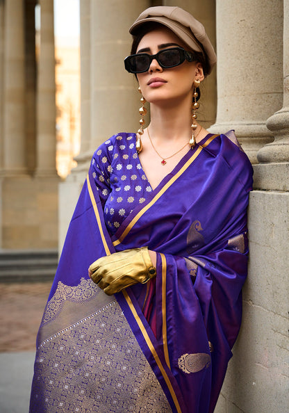 Royal Blue Satin Silk Jacquard Woven Saree With Blouse