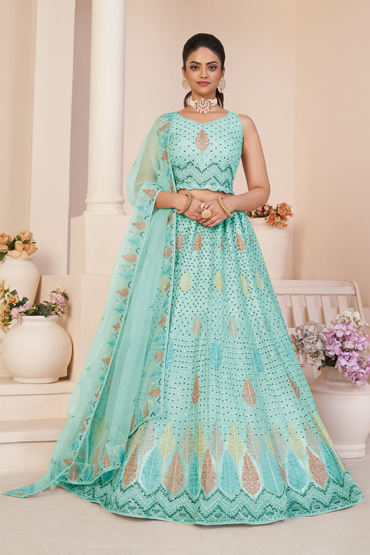 Turquoise Net Heavy Thread Embroidery With Sequins Work Lehengha Choli