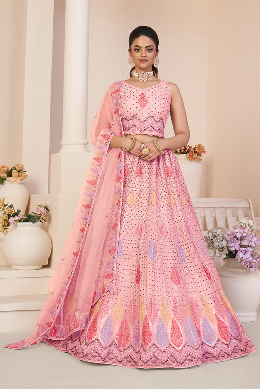 Pink Net Heavy Thread Embroidery With Sequins Work Lehengha Choli