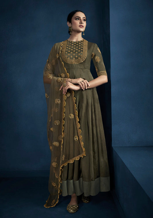 Light Mehendi Silky Satin Georgette Cording and Sequence embroidery with cording Work Fancy lace dupatta Gown
