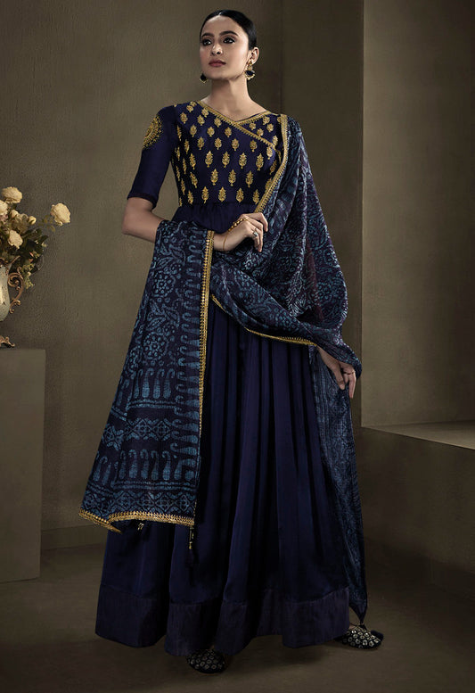 Navy Blue Silky Satin Georgette Cording and Sequence embroidery with Digital Print dupatta Gown