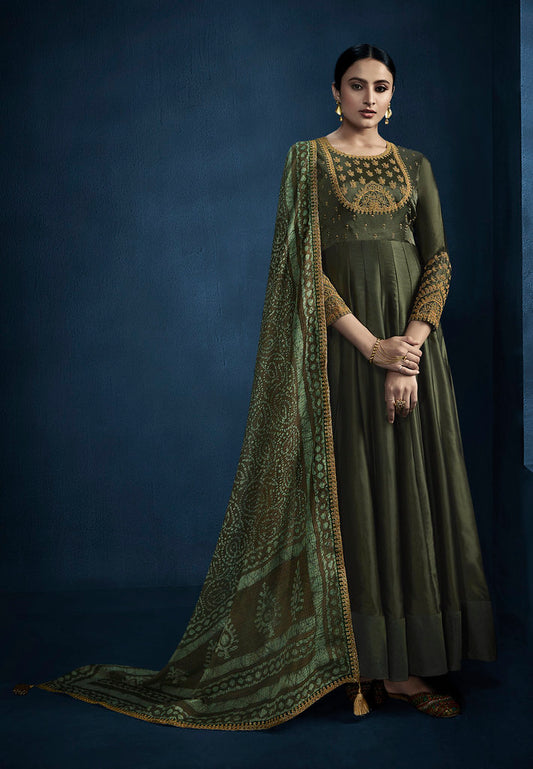 Mehendi Silky Satin Georgette Cording and Sequence embroidery on yoke and sleeve with cording bordered dupatta Gown