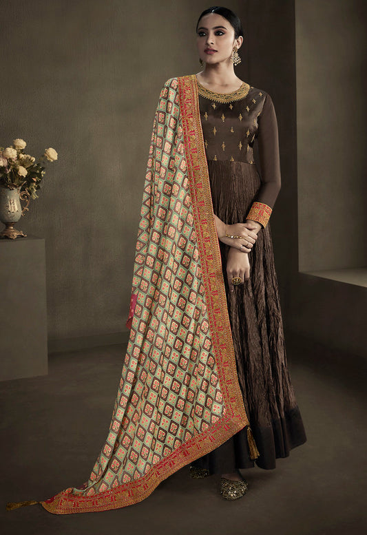 Brown Silky Satin Georgette Cording and Sequence embroidery with cording bordered dupatta Gown