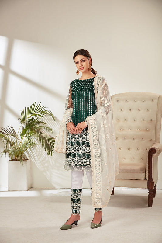 Green Butterfly Net Heavy Thread and Sequance Embroidered Work with Embroidered Dupatta Salwar Kameez