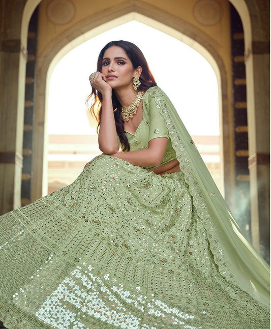 Green Georgette Thread Embroidery With Sequins Work Lehenga Choli
