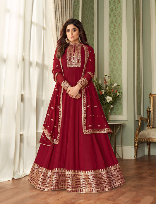 Red Real Georgette Heavy Thread Embroidery, Zari and Sequence Work Salwar Kameez