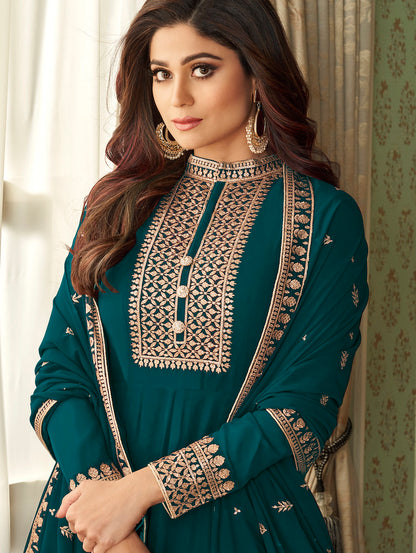 Teal Real Georgette Heavy Thread Embroidery, Zari and Sequence Work Salwar Kameez