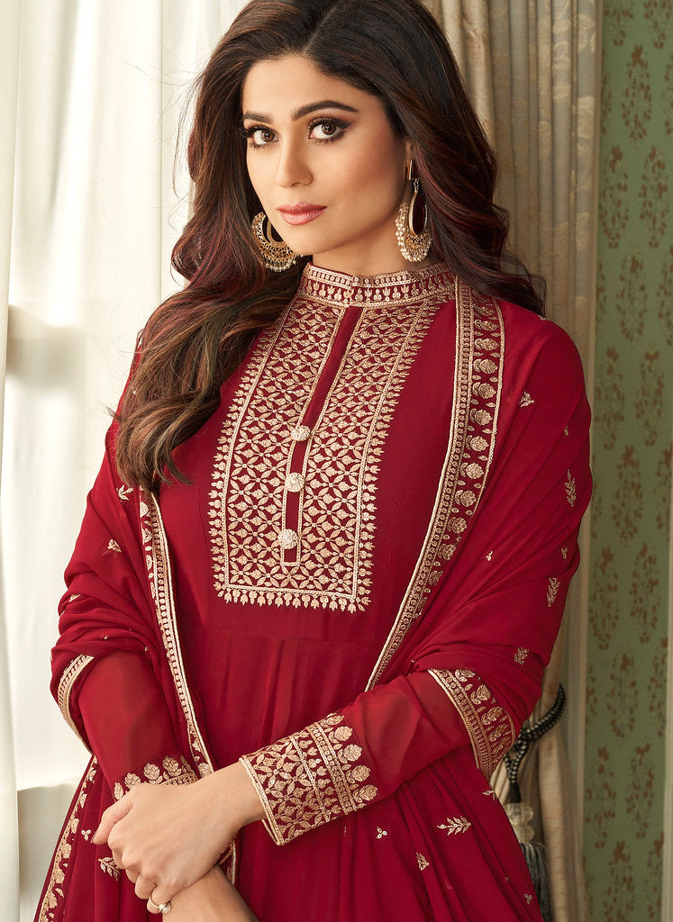 Red Real Georgette Heavy Thread Embroidery, Zari and Sequence Work Salwar Kameez