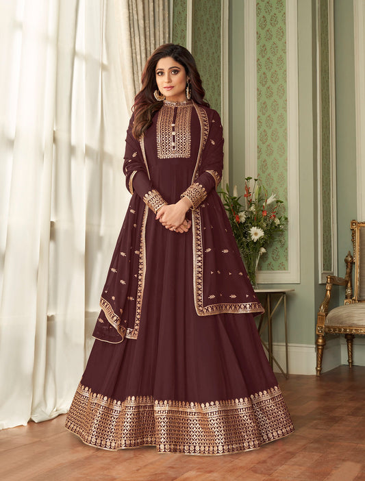 Brown Real Georgette Heavy Thread Embroidery, Zari and Sequence Work Salwar Kameez