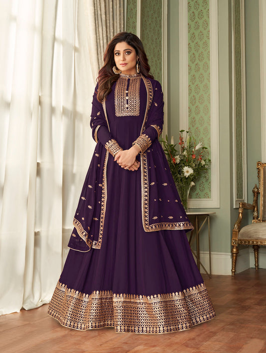 Purple Real Georgette Heavy Thread Embroidery, Zari and Sequence Work Salwar Kameez