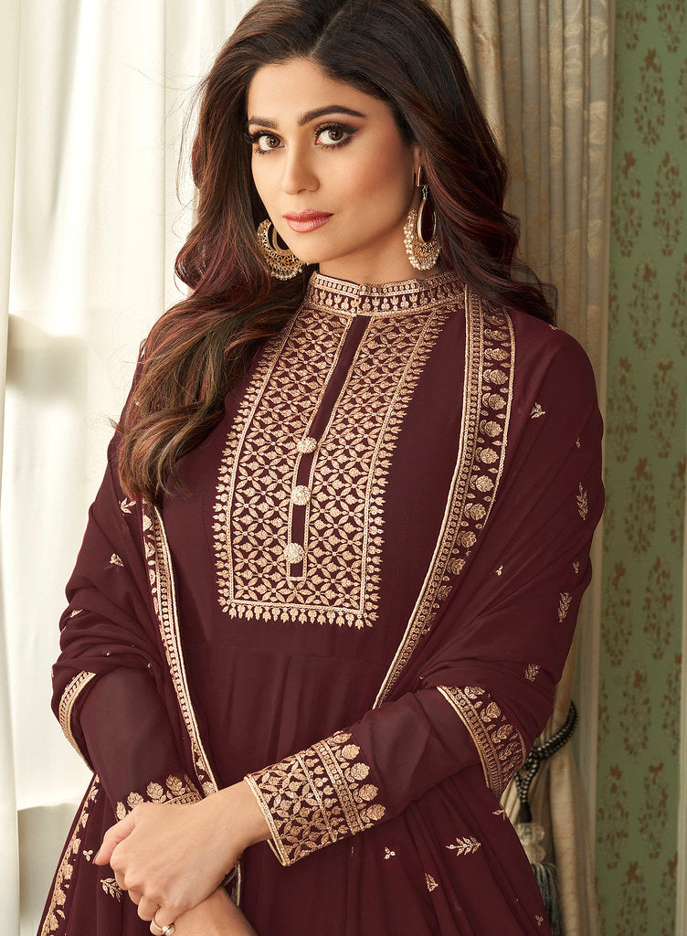 Brown Real Georgette Heavy Thread Embroidery, Zari and Sequence Work Salwar Kameez