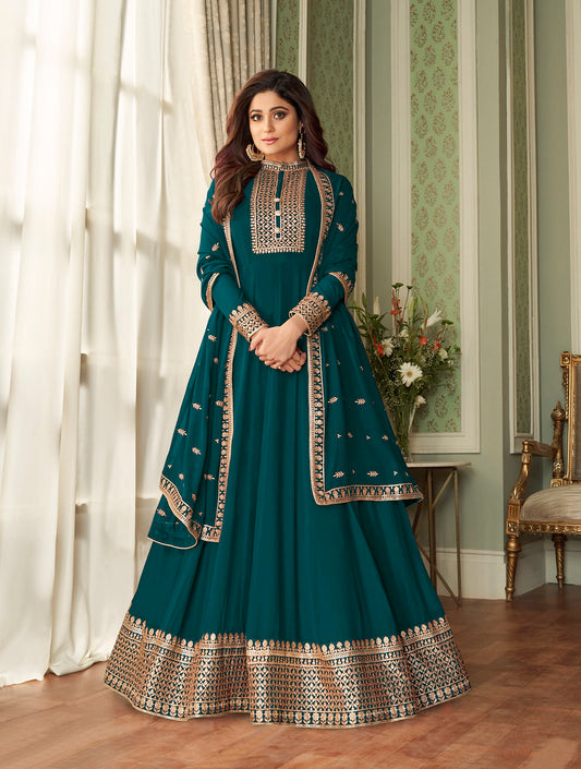 Teal Real Georgette Heavy Thread Embroidery, Zari and Sequence Work Salwar Kameez