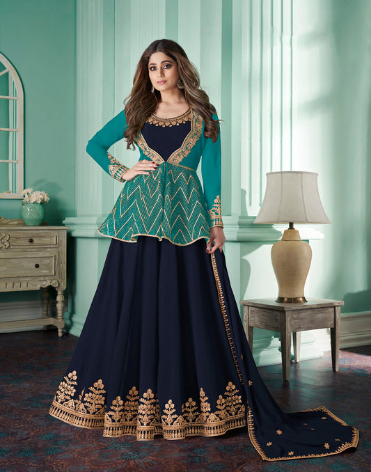 Navy Blue & Rama Real Georgette Heavy Thread Embroidery, Zari and Sequence Work Salwar Kameez