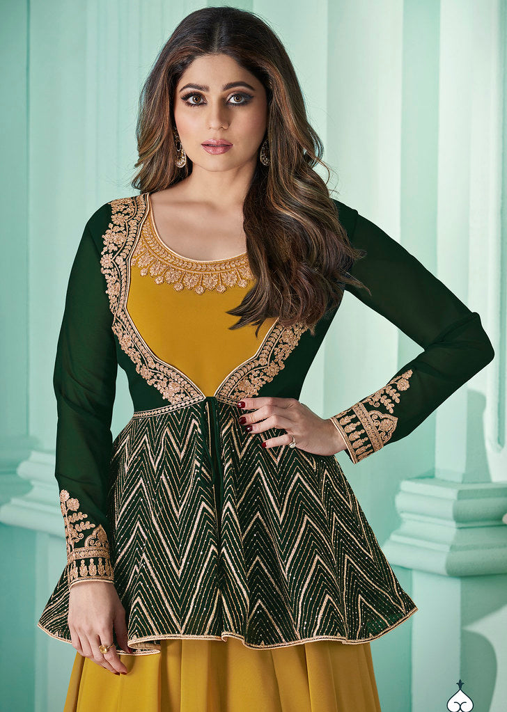 Mustard & Green Real Georgette Heavy Thread Embroidery, Zari and Sequence Work Salwar Kameez
