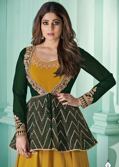 Mustard & Green Real Georgette Heavy Thread Embroidery, Zari and Sequence Work Salwar Kameez