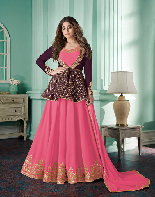 Pink & Wine Real Georgette Heavy Thread Embroidery, Zari and Sequence Work Salwar Kameez