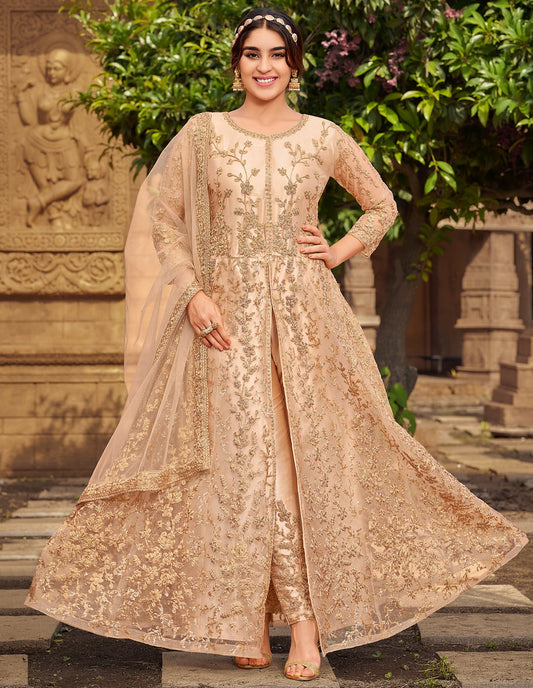 Peach Butterfly Net Heavy Thread Embroidery, Cording With Sequins Work Salwar Kameez