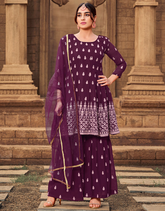Purple Heavy Georgette Heavy Thread Embroidery Work Salwar Kameez