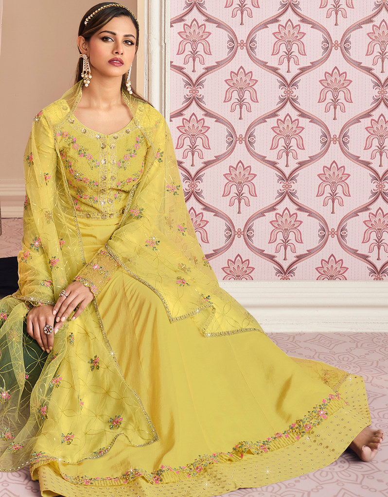 Yellow Russian Silk Heavy Thread Embroidery With Sequins Work Salwar Kameez