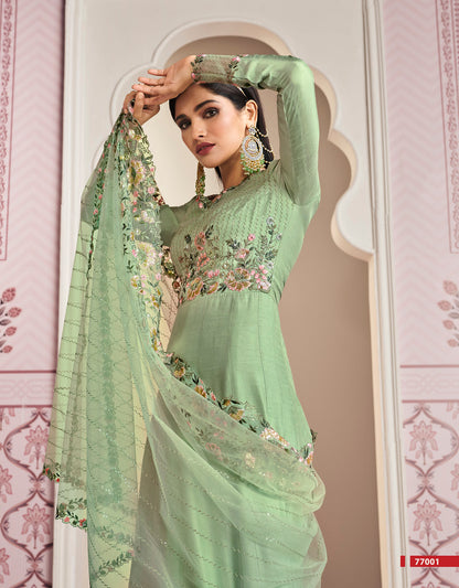 Pista Green Russian Silk Heavy Thread Embroidery With Sequins Work Salwar Kameez